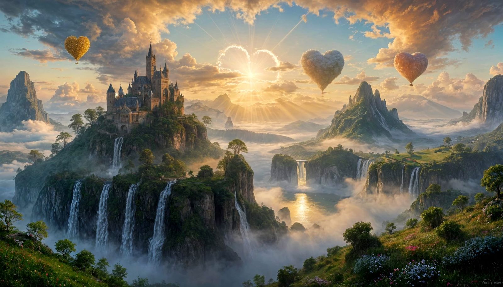 Floating Heart Worlds Above Clouds in Impressionist Style
