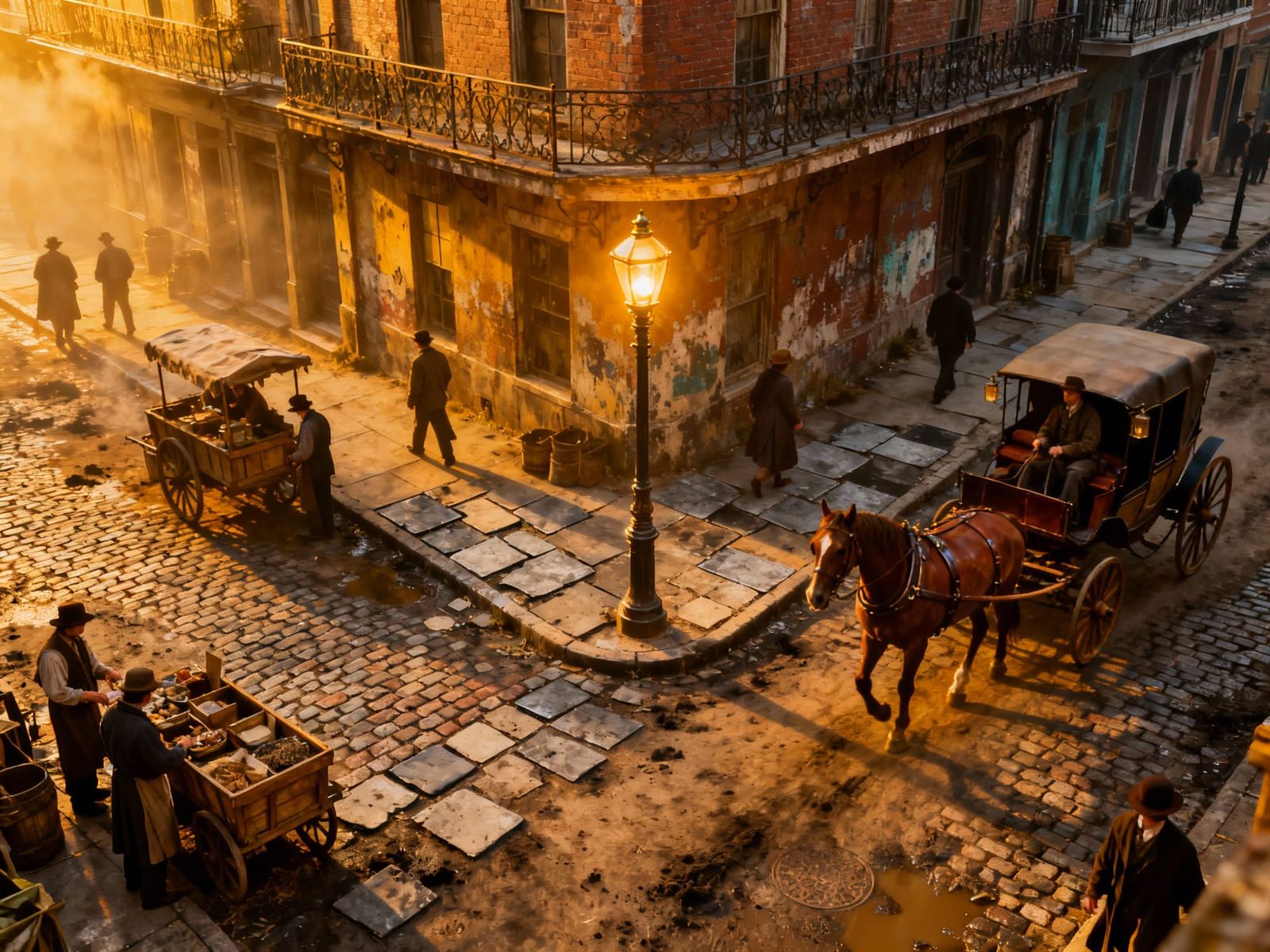 Vibrant 1850s American City Scene with Gaslights