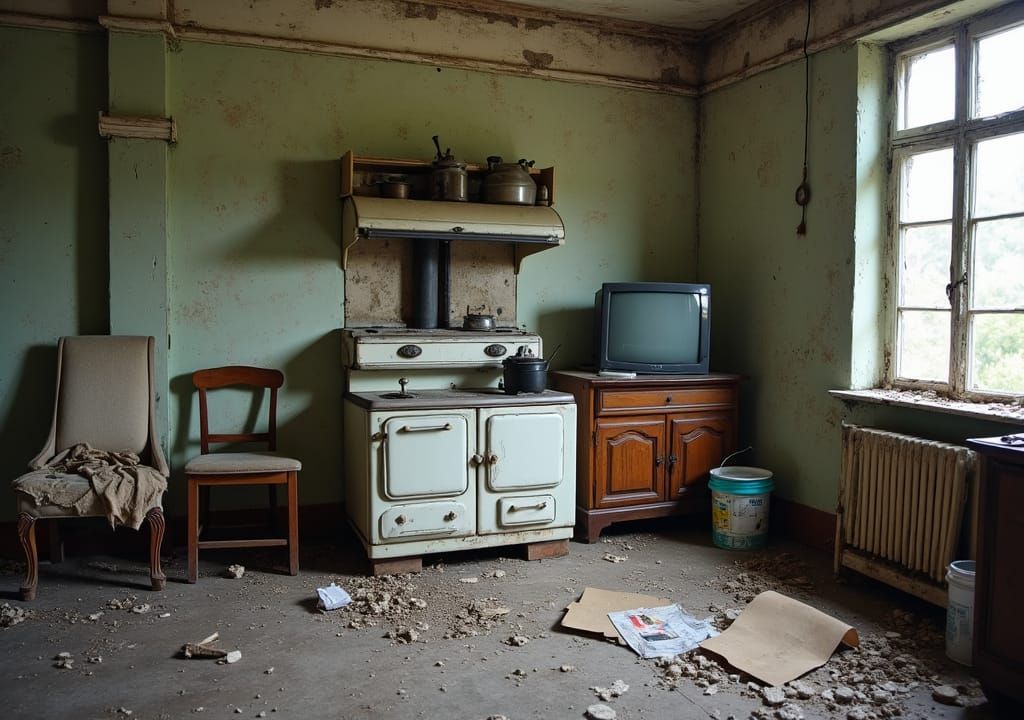 Dilapidated Room with Vintage Stove Photo