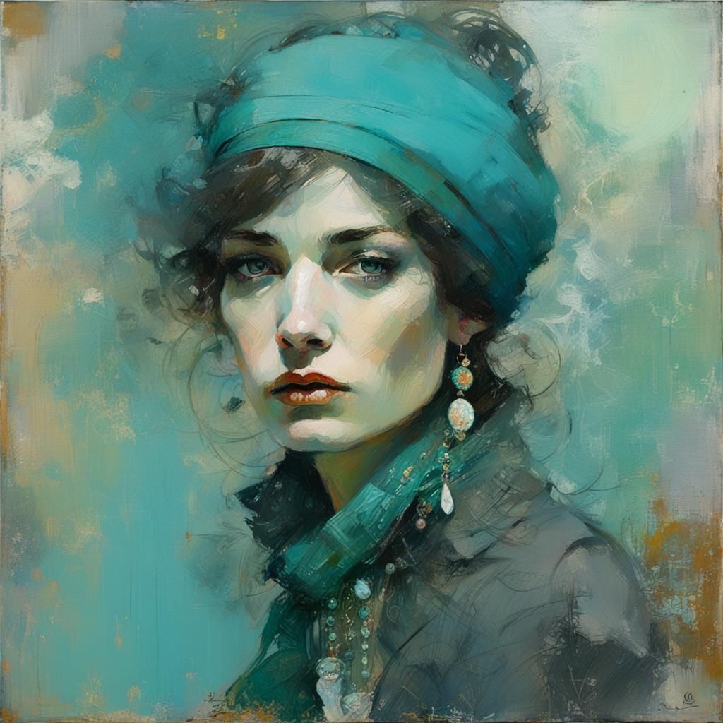 Teal Portrait in Mixed Media Style
