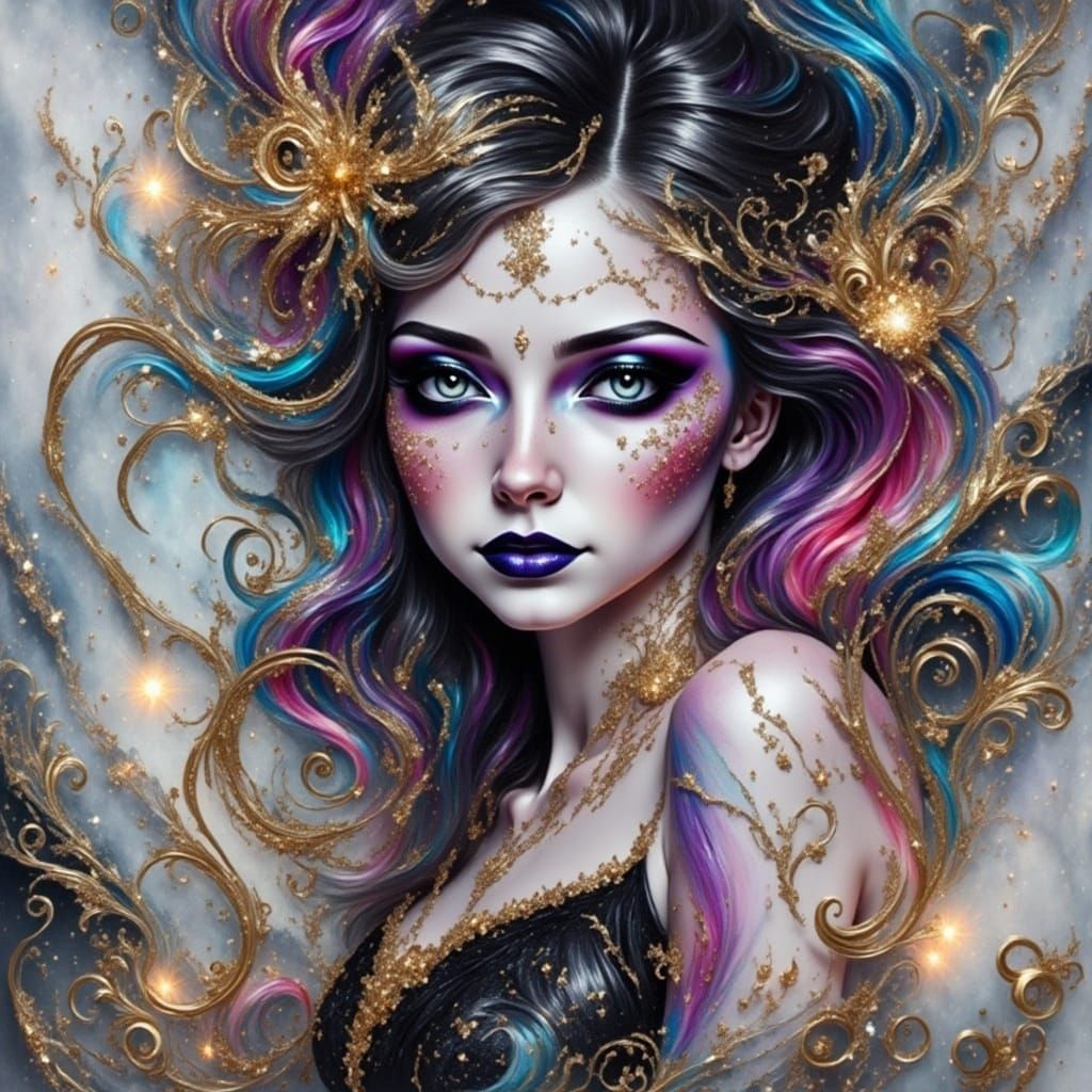 Gothic Fairy in Swirling Alcohol Ink on Marble