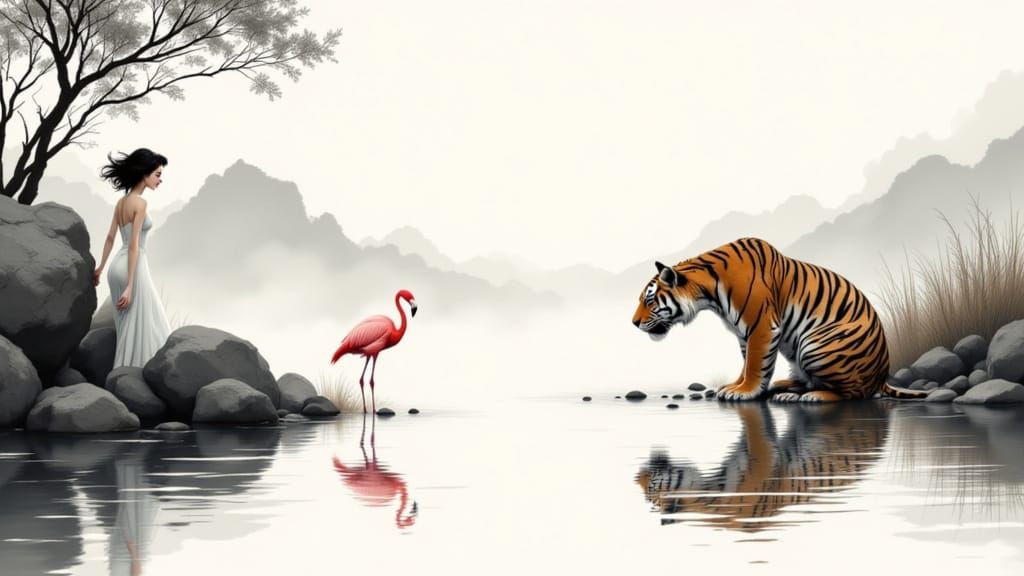 Tiger, Flamingo, and Pin-Up Girl in Japanese Ink Style