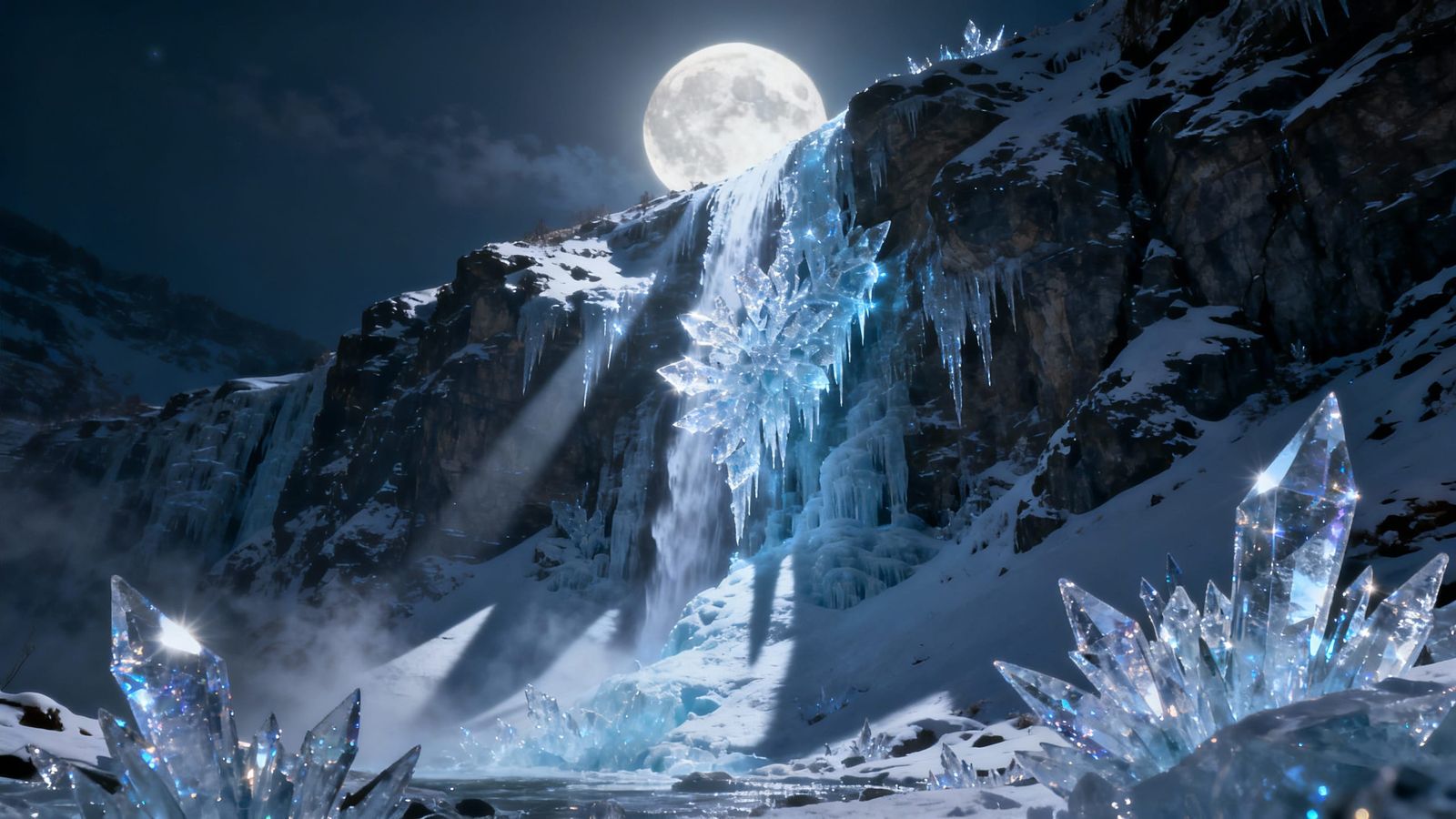 Surreal Frozen Waterfall Under Ethereal Moonlight