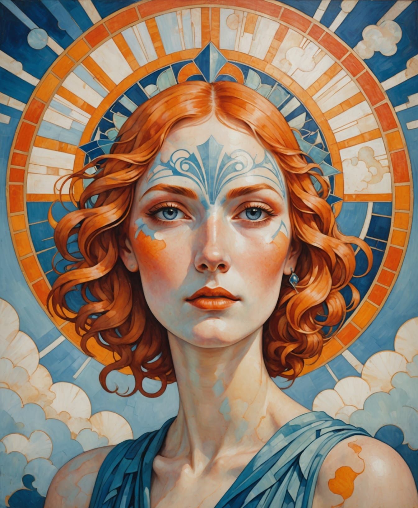 Art Deco Nouveau Woman with Orange and Blue Hair