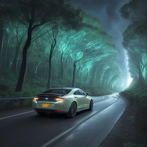 Futuristic Car and Bioluminescent Nature Digital Art