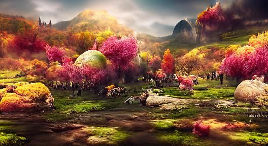 Magical Fantasy landscape of perpetual autumn and spring| Maximalist digital matte painting