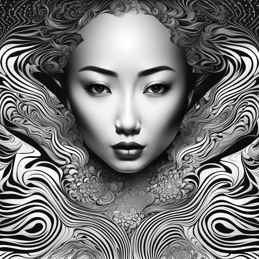 Asian Woman in Black Dress with Abstract Fractal Art