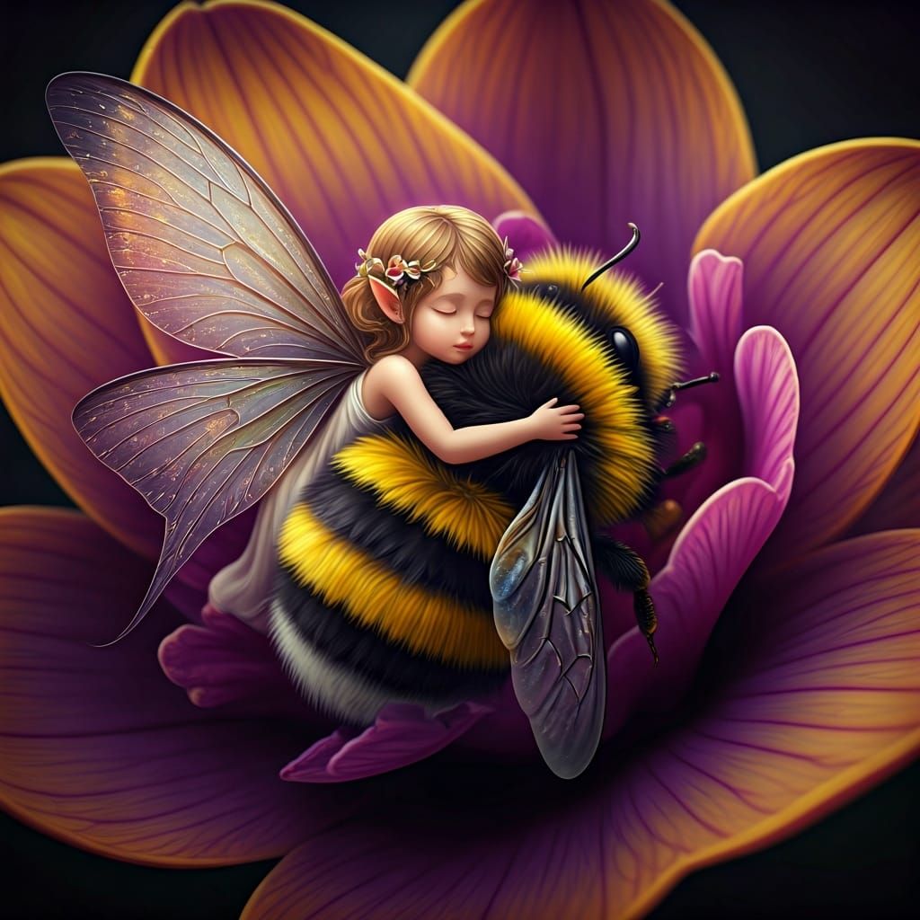 Fairy Hugging Bumblebee in Orchid, Magical Realism