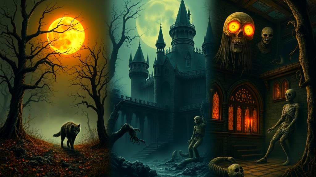 Dark Gothic Halloween Triptych with Monsters and Spirits