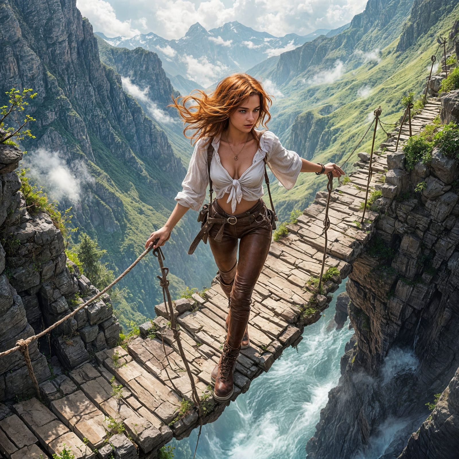 Fantasy Adventurer Crossing Bridge in Fairytale Landscape