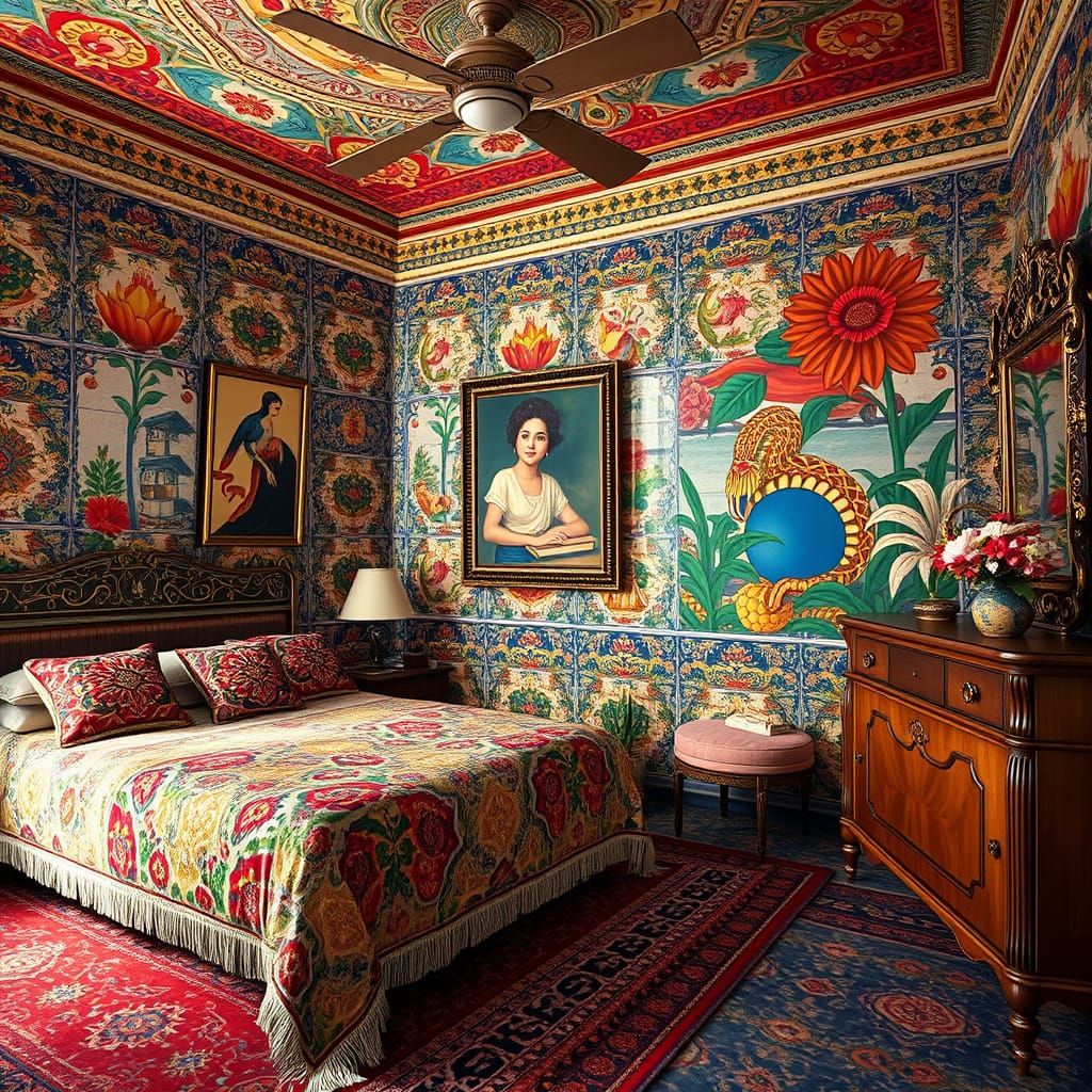 Cuban-Inspired Bedroom with Vibrant Patterns and Art