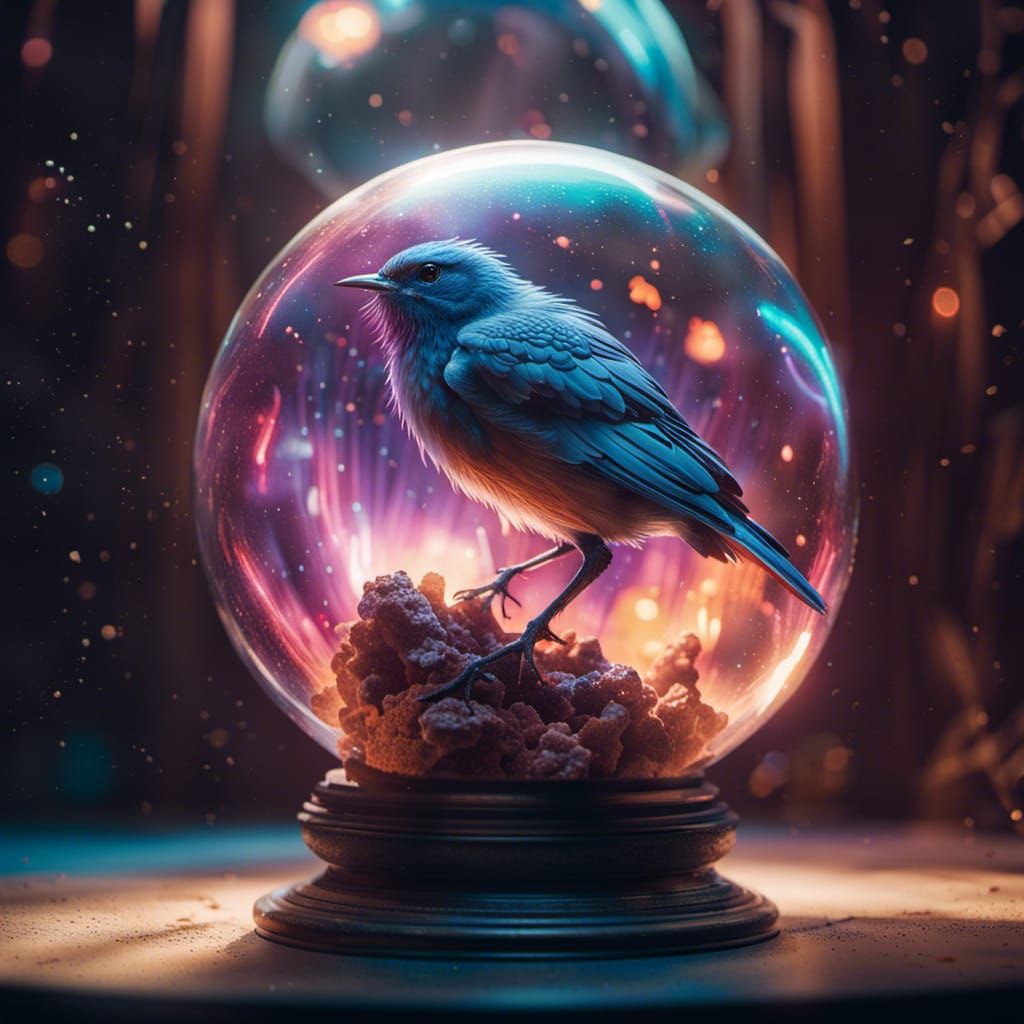 Cosmic Nebula Bird in Glass Sphere, Dynamic Lighting