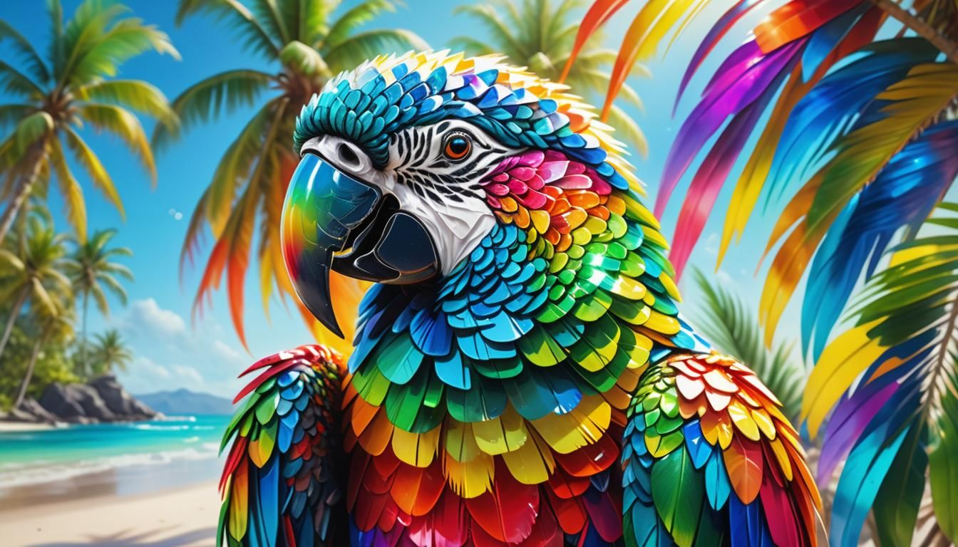 Crystal Parrot on Tropical Beach, Vibrant Oil Painting