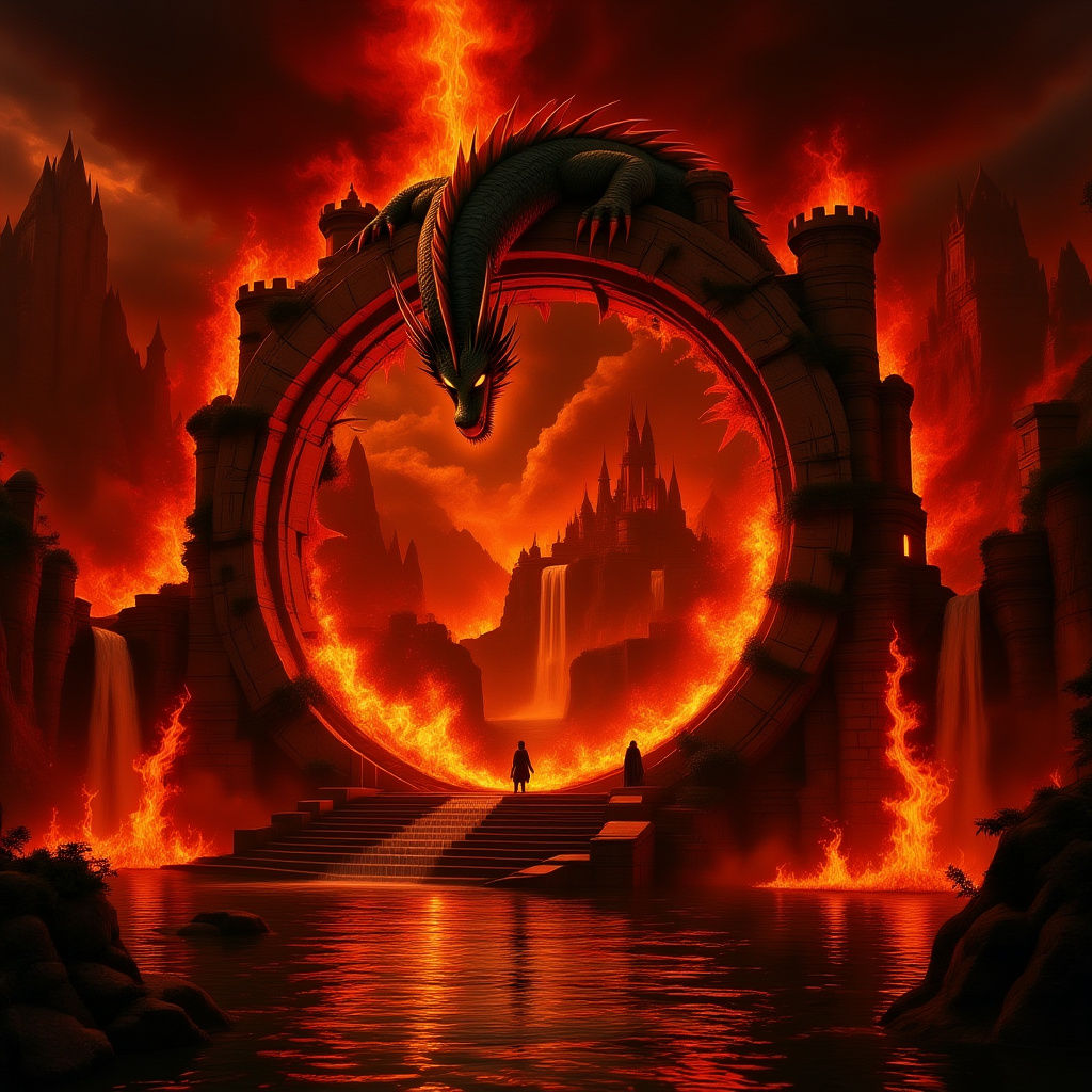 Dragon Emerges from Magical Stone Portal