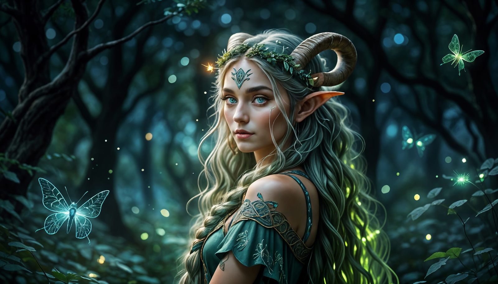Elf Goddess in Magical Forest with Ram Horns