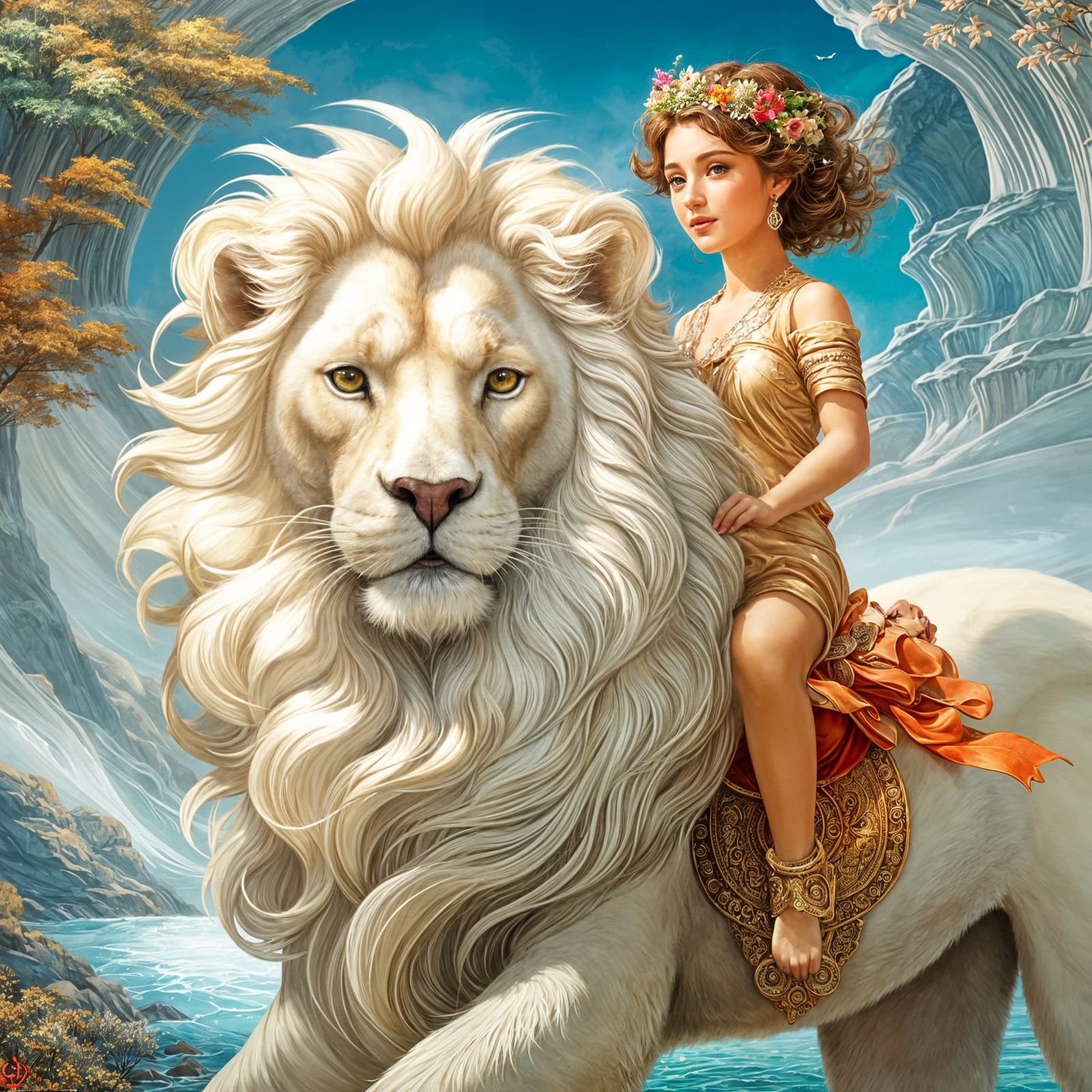 Toddler Princess Rides Lion in Fractal Watercolor Style
