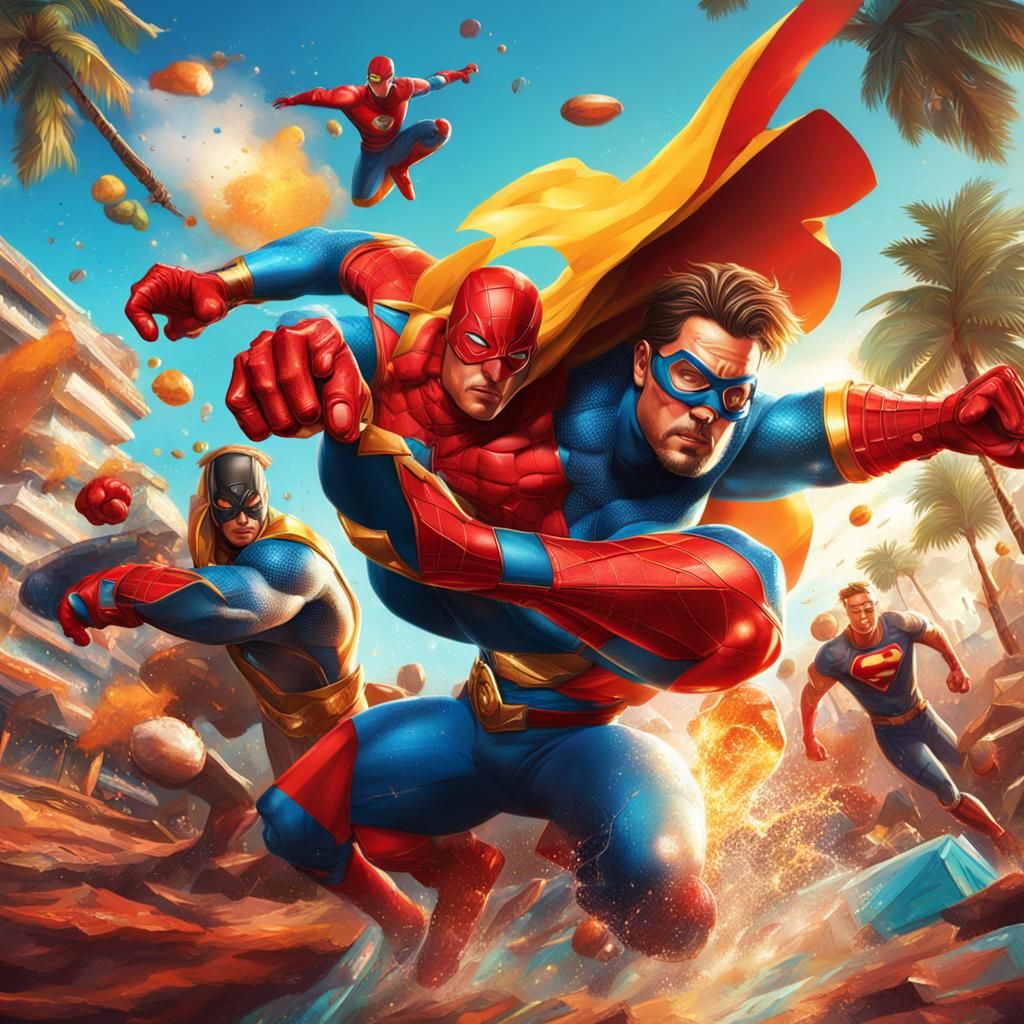 Superheroes on Vacation: Hyperrealistic Splash Art
