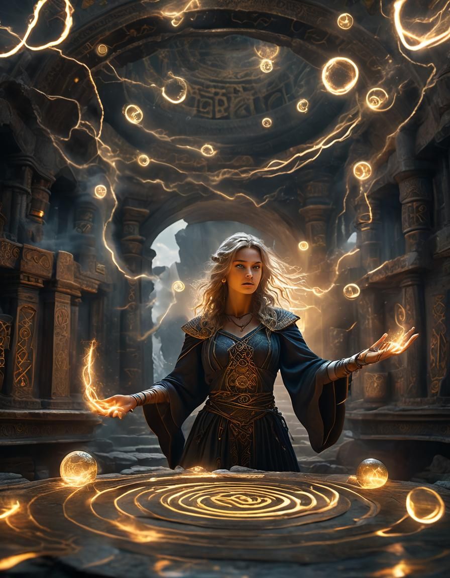 Wizard Woman Conjuring Magic in Stormy Weather