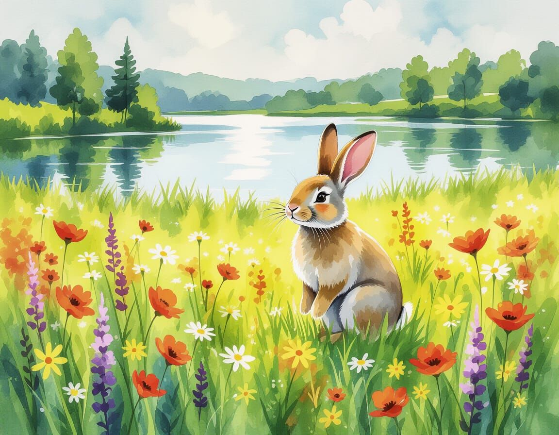 Laughing Bunny in Flowery Meadow: Watercolor Painting