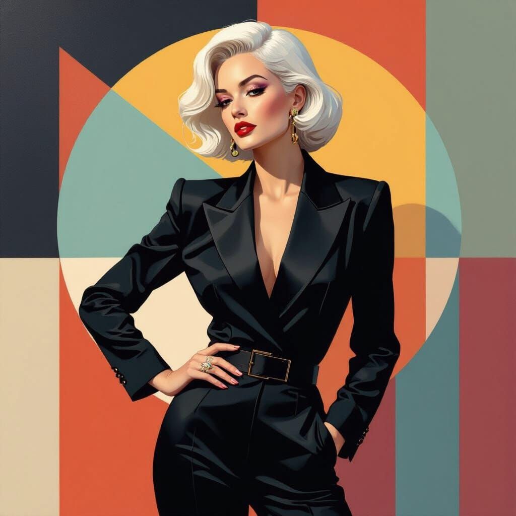 Sleek Woman Posing in Geometric Art Deco Style