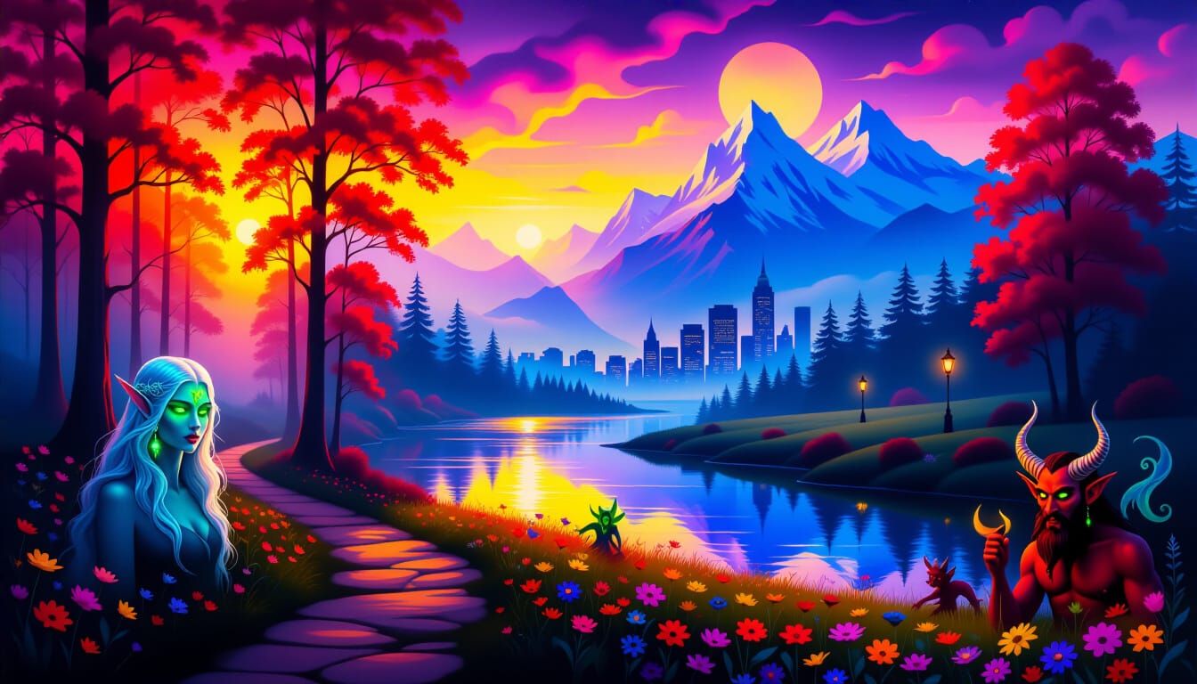 Surreal Landscape with Cybernetic Phoenix and Steampunk Grif...