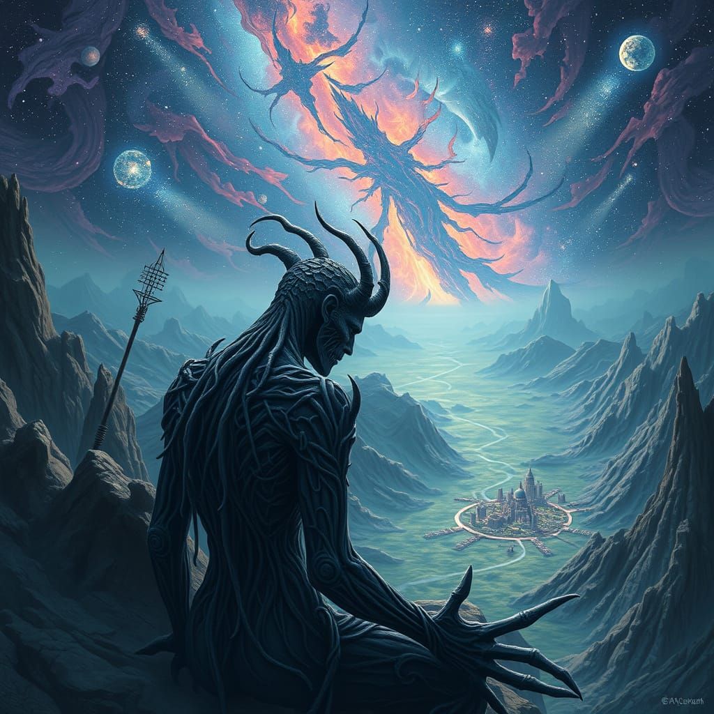 Ethereal Cosmic Entity Gazing Upon a Small County in a Dista...