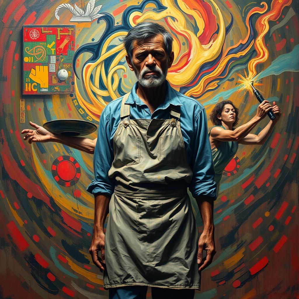 Weary Immigrant in Abstract Surrealist Impasto Dreamscape