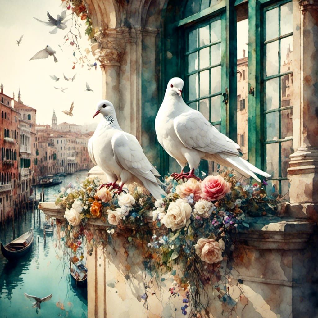 Doves on Balcony in Antique Watercolor Style