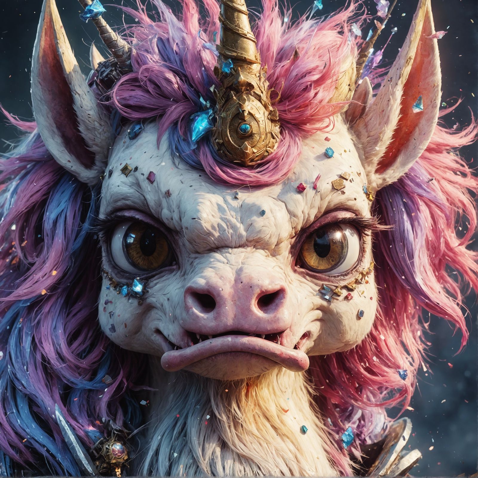 Angry Unicorn Digital Illustration in Neoclassical Style