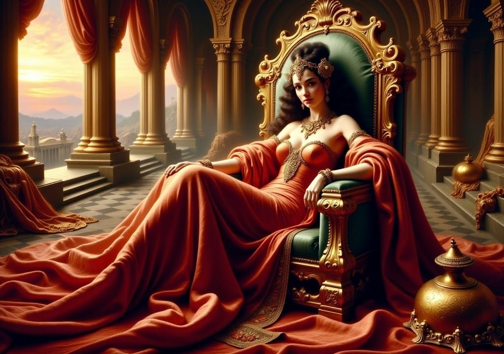 <lora:Flux Romantic Paint:1.0> Painted portrait masterpiece A beautiful woman sits on a magnificent throne. The estate i...