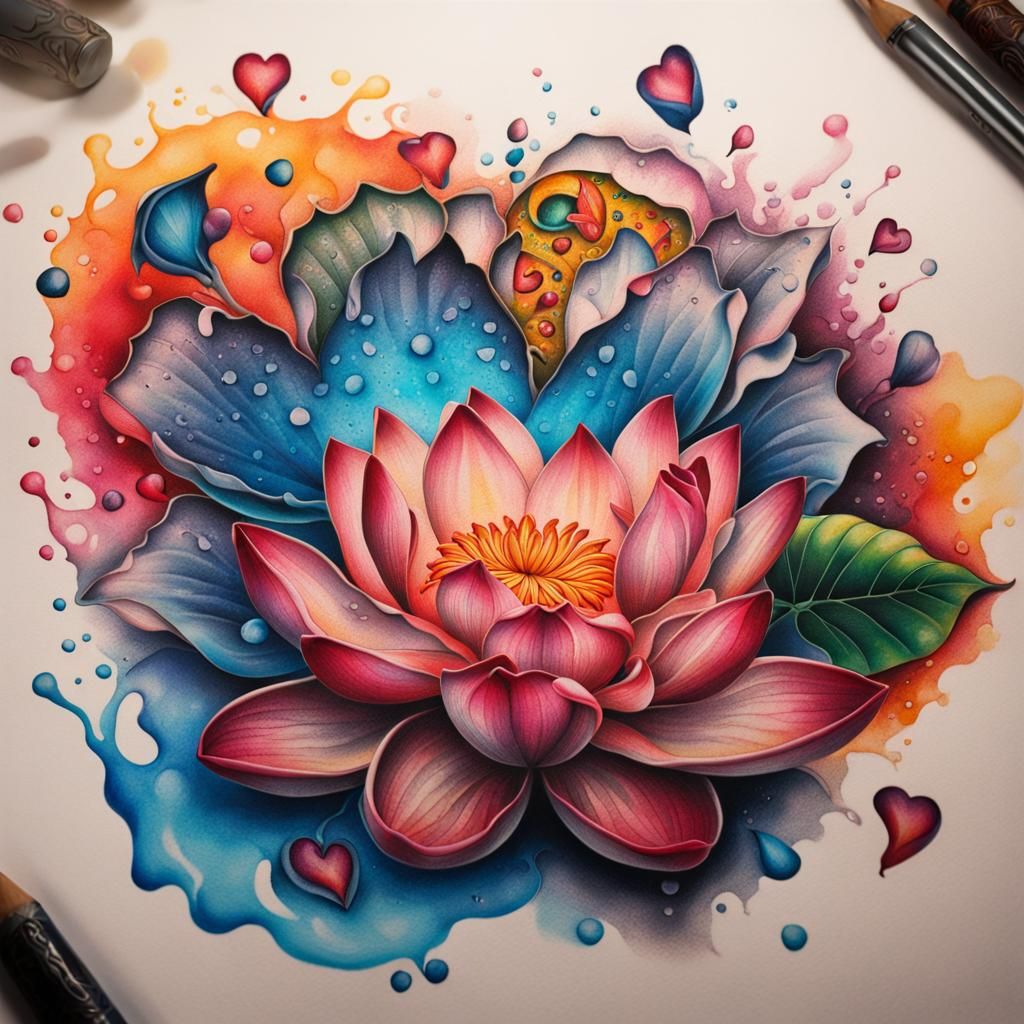 Hearts and Lotus Flower Tattoo Design in Splash Art