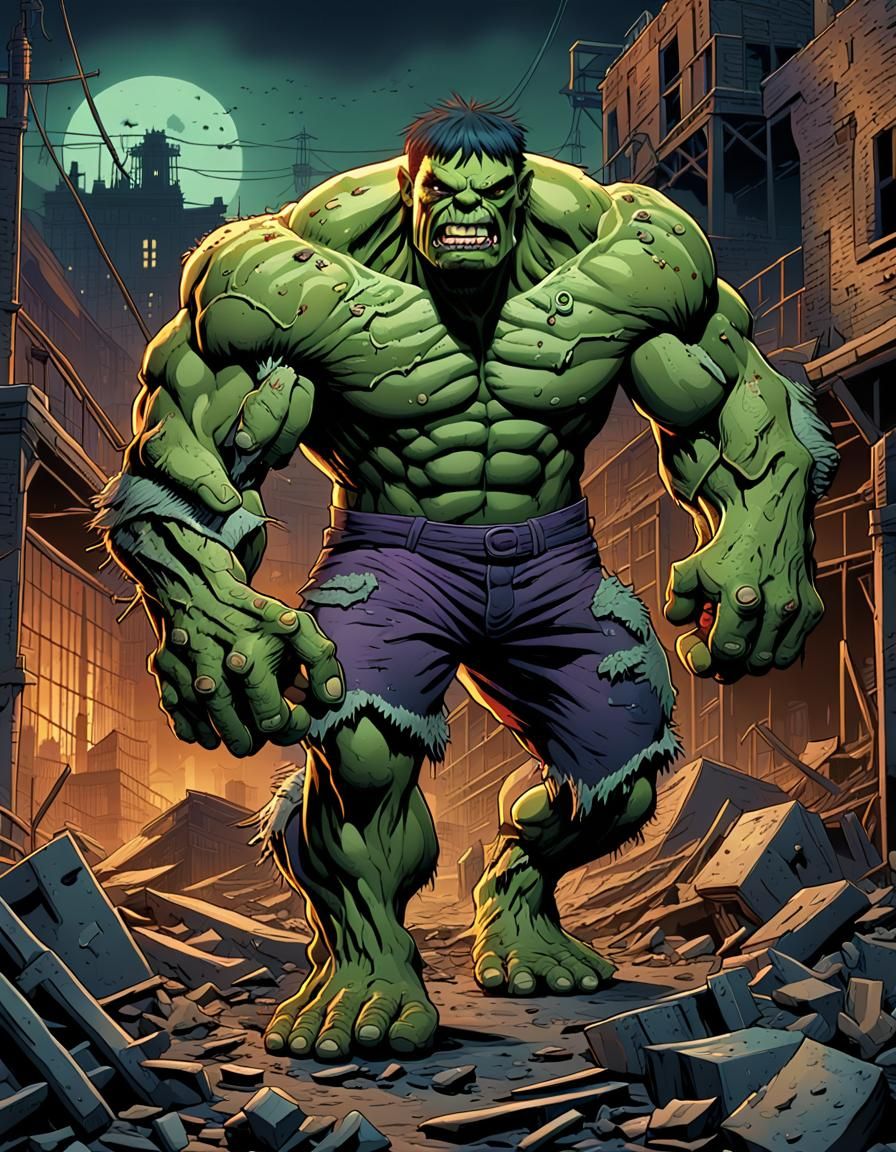 Cartoon Zombie Hulk in Ruined Factory