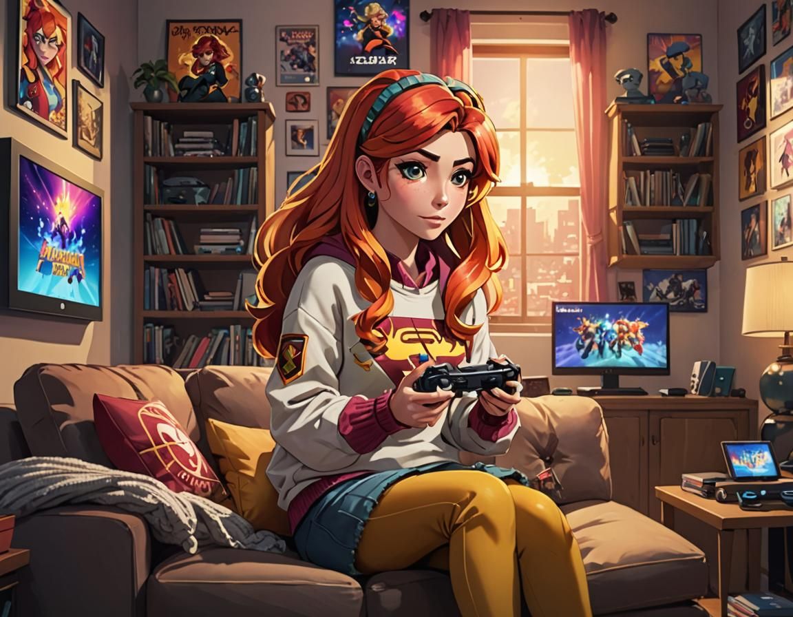 Sunset Shimmer as Gamer Girl on Sofa