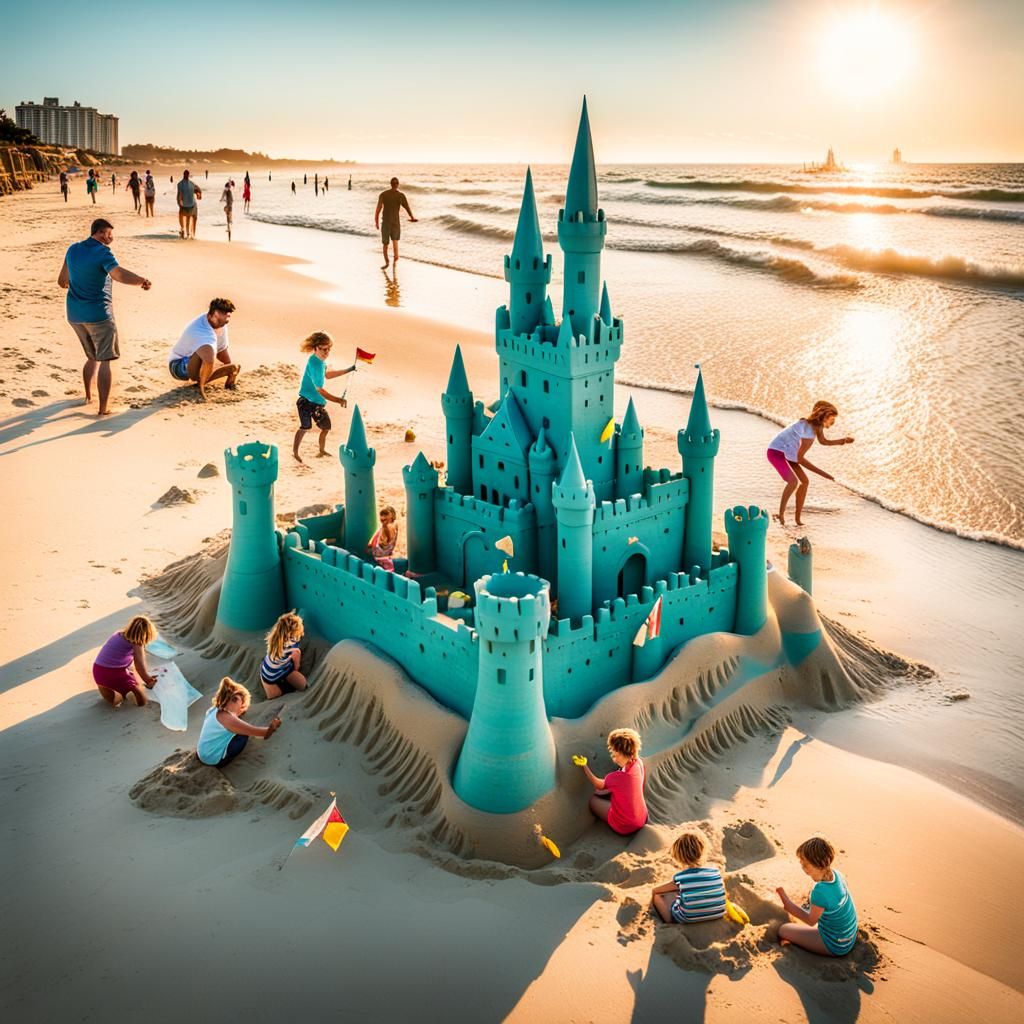 Vibrant Beach Scene with Elaborate Sandcastles and Joyful Fa...