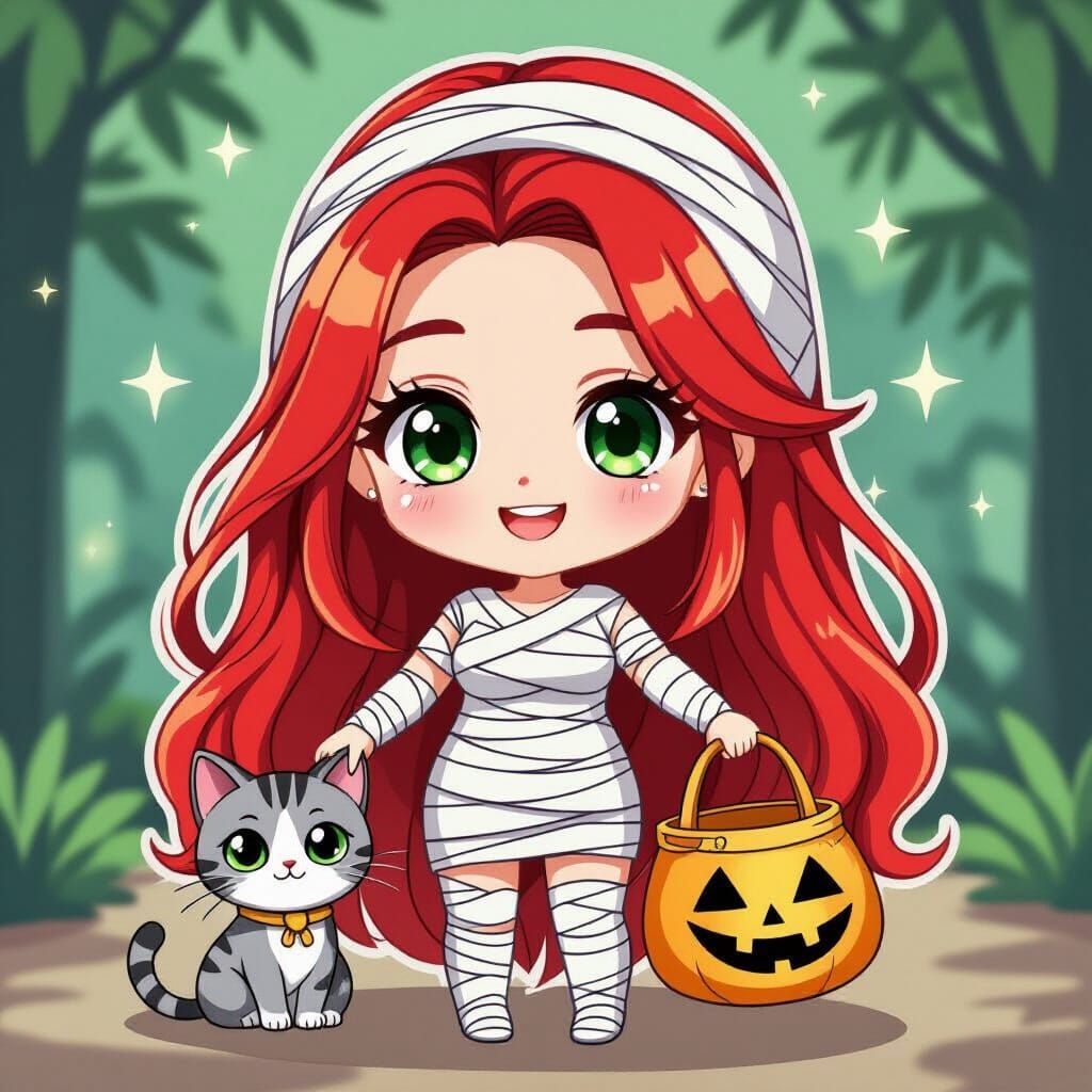 Cute Chibi Mummy Girl with Red Hair and Cat Sticker