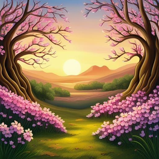 Enchanted Garden: Blooming Trees at Sunset