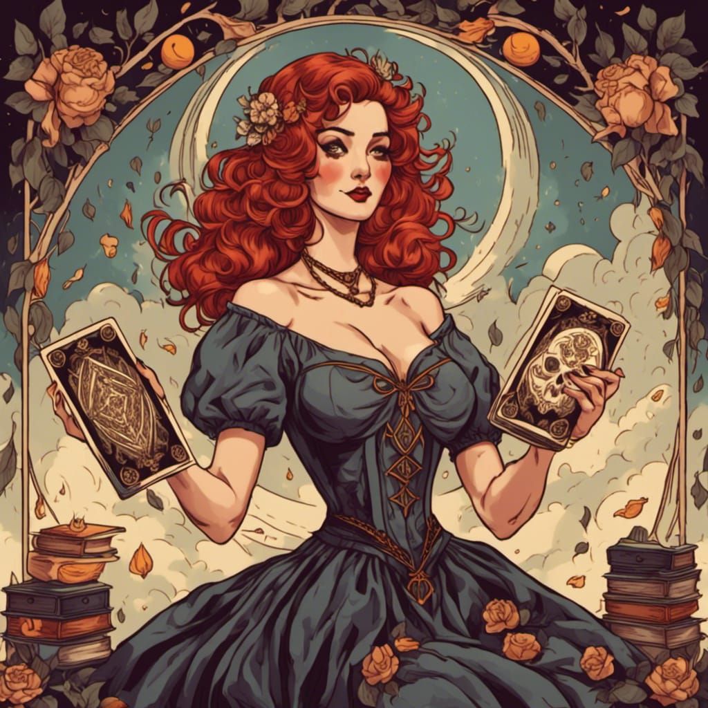 Vintage Pinup Lady with Tarot Deck