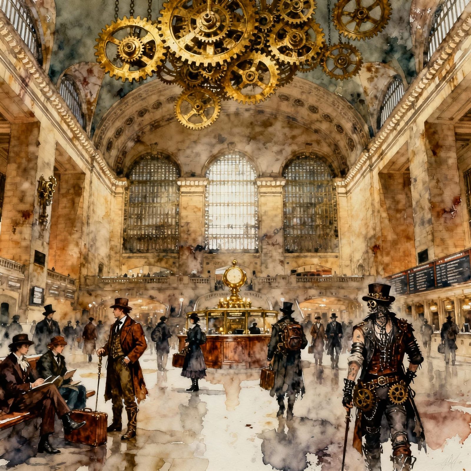 Steampunk Station Interior with Victorian & Gothic Travelers