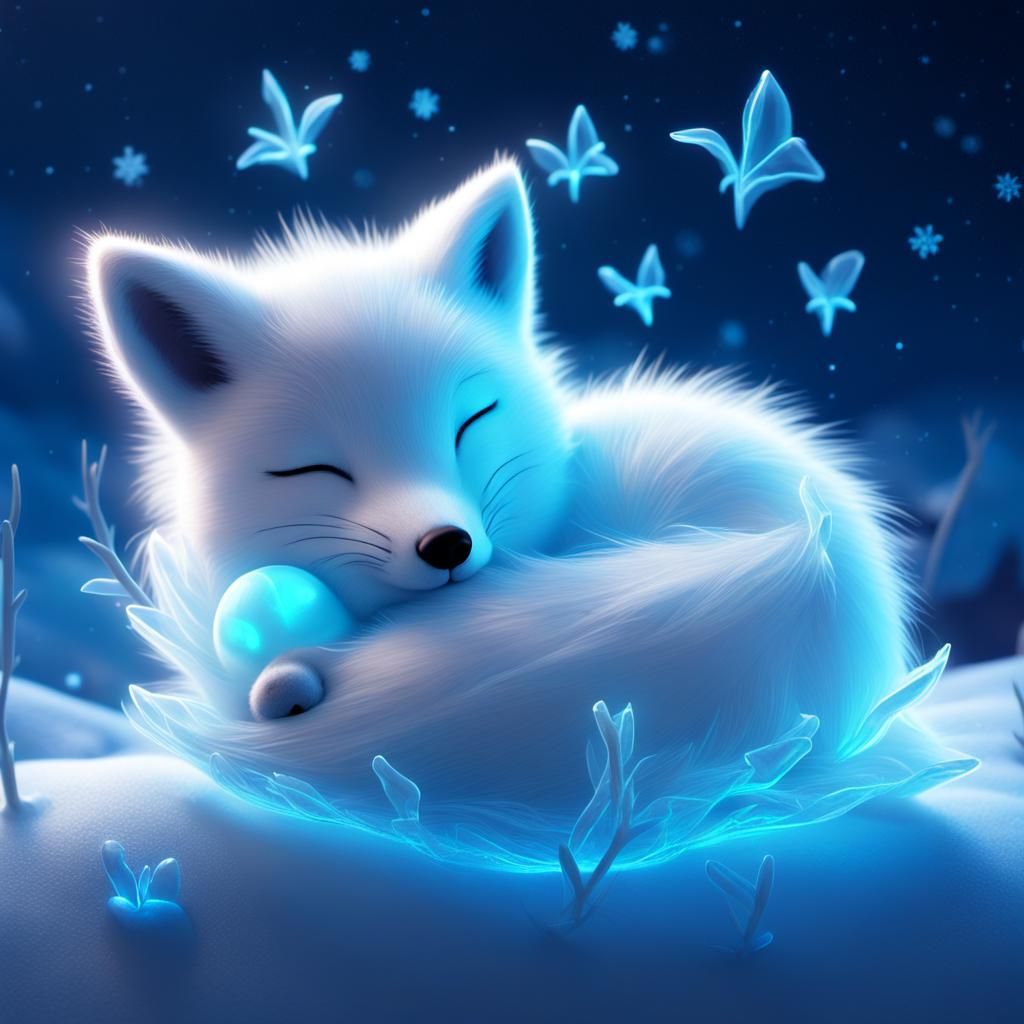 Sleeping Arctic Fox Kit in Crystalline Cocoon
