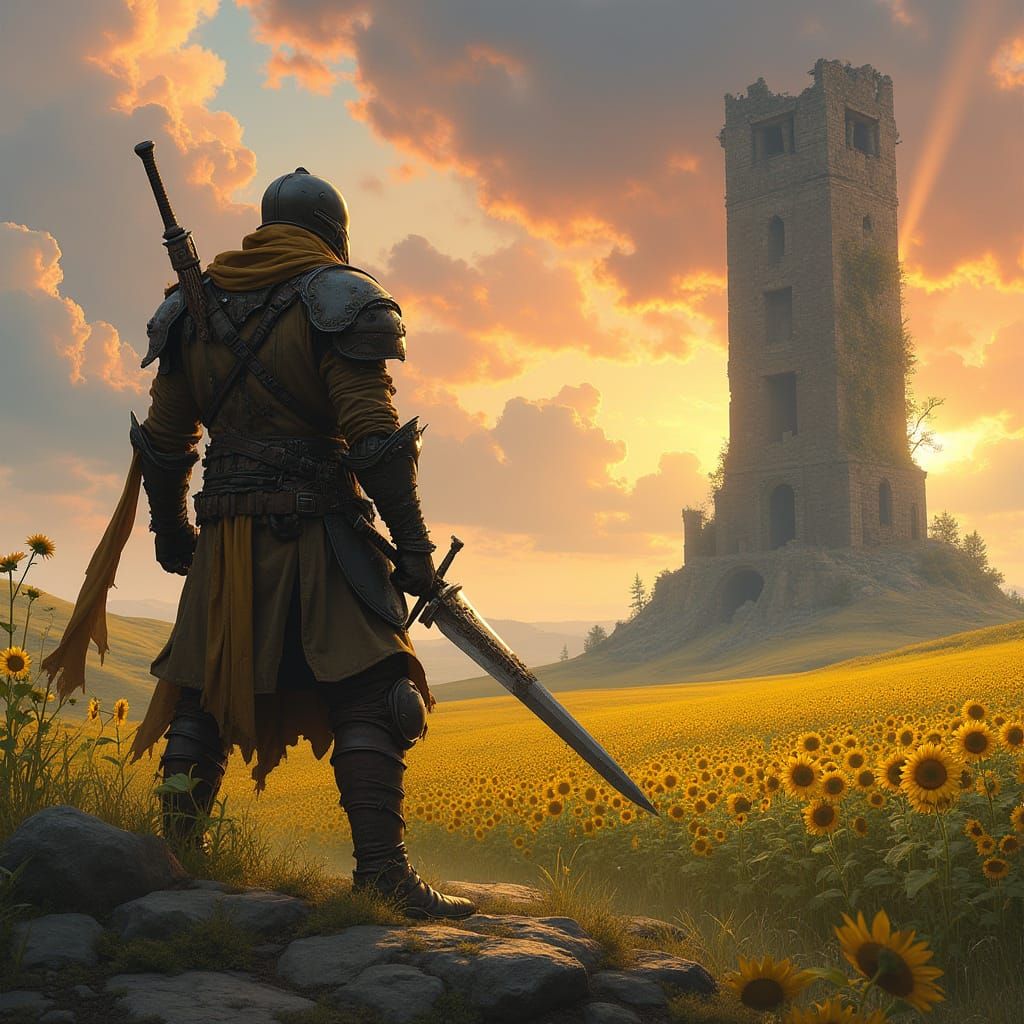 Heroic Swordsman in Sunflower Field, Post-Apocalyptic Tower