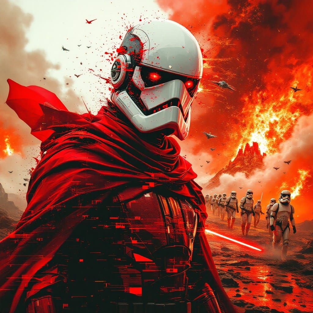 Surreal Double Exposure of Sinister Sith Lord in Crimson Arm...