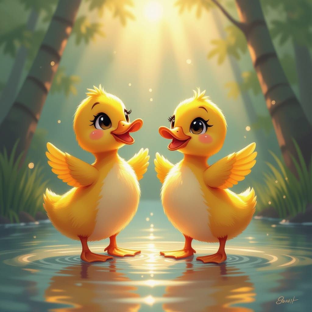 Ducks Dancing: Hyperdetailed Anime Charcoal Drawing