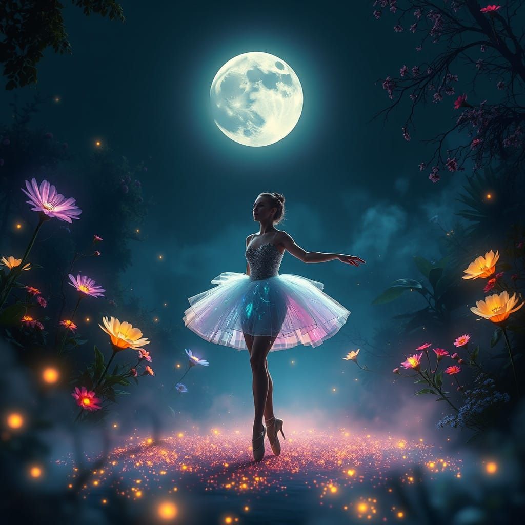 Enchanted Ballerina in Mystical Moonlit Garden