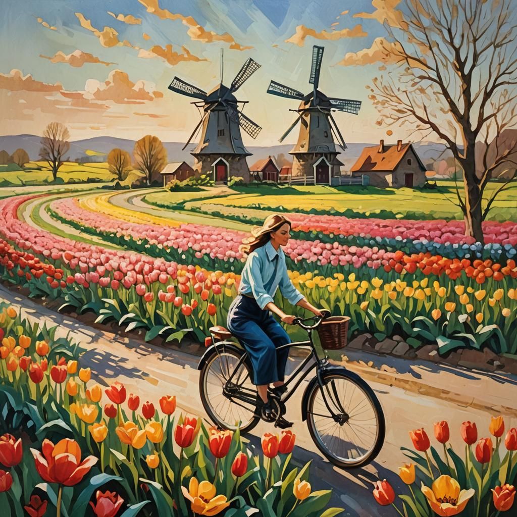Woman on Bike in Tulip Field: Impasto Painting