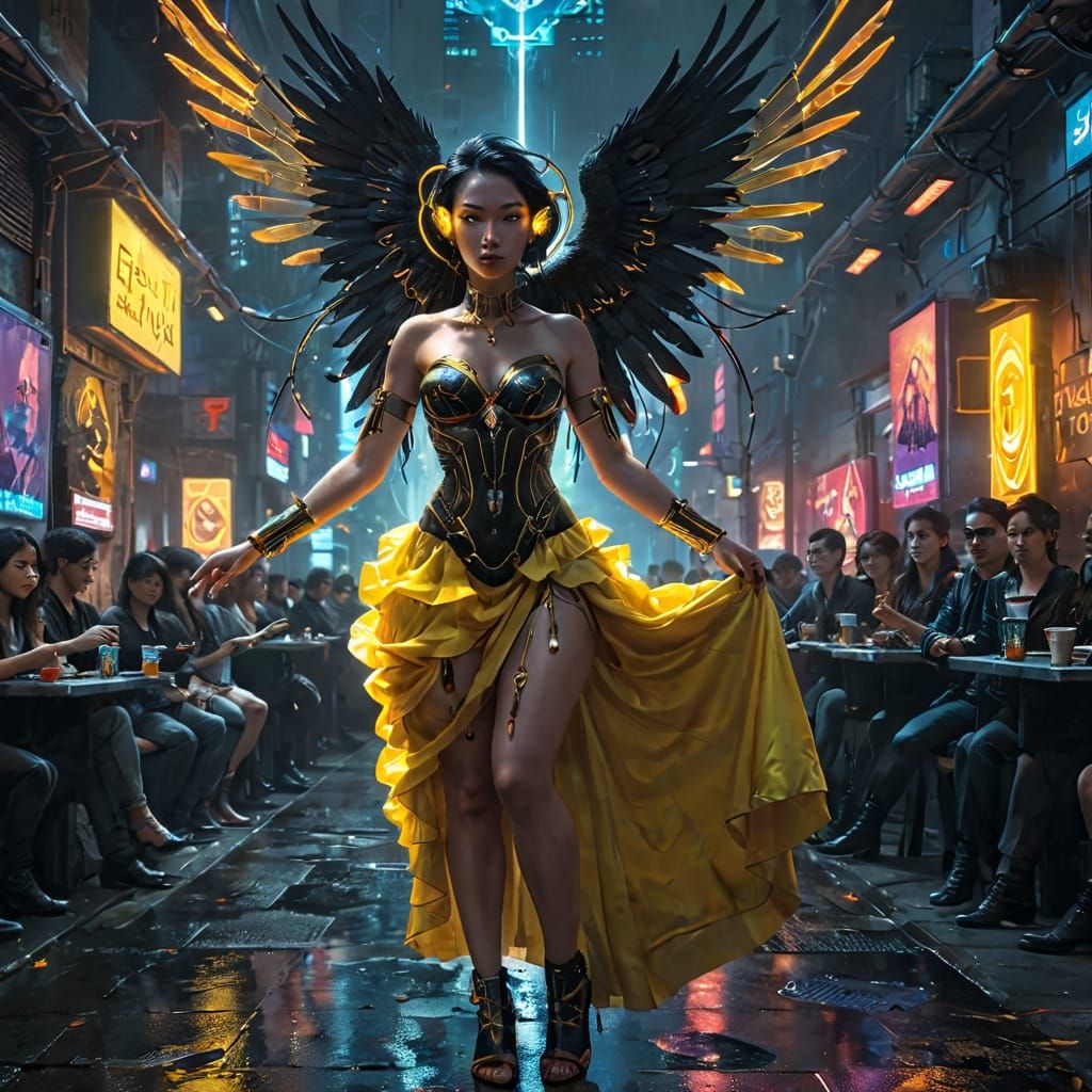 Mystical Cyberpunk Being with Yellow Gem and Harpie Features