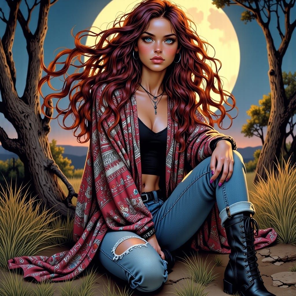 Ethereal Bohemian Woman in Moonlight Breeze