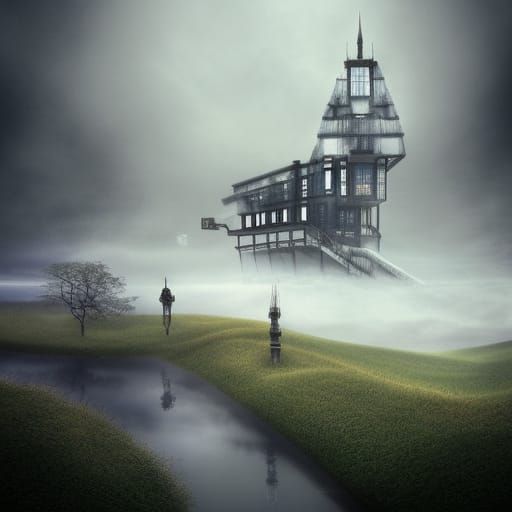 Surreal Sci-Fi House on Bridge in Steampunk Style