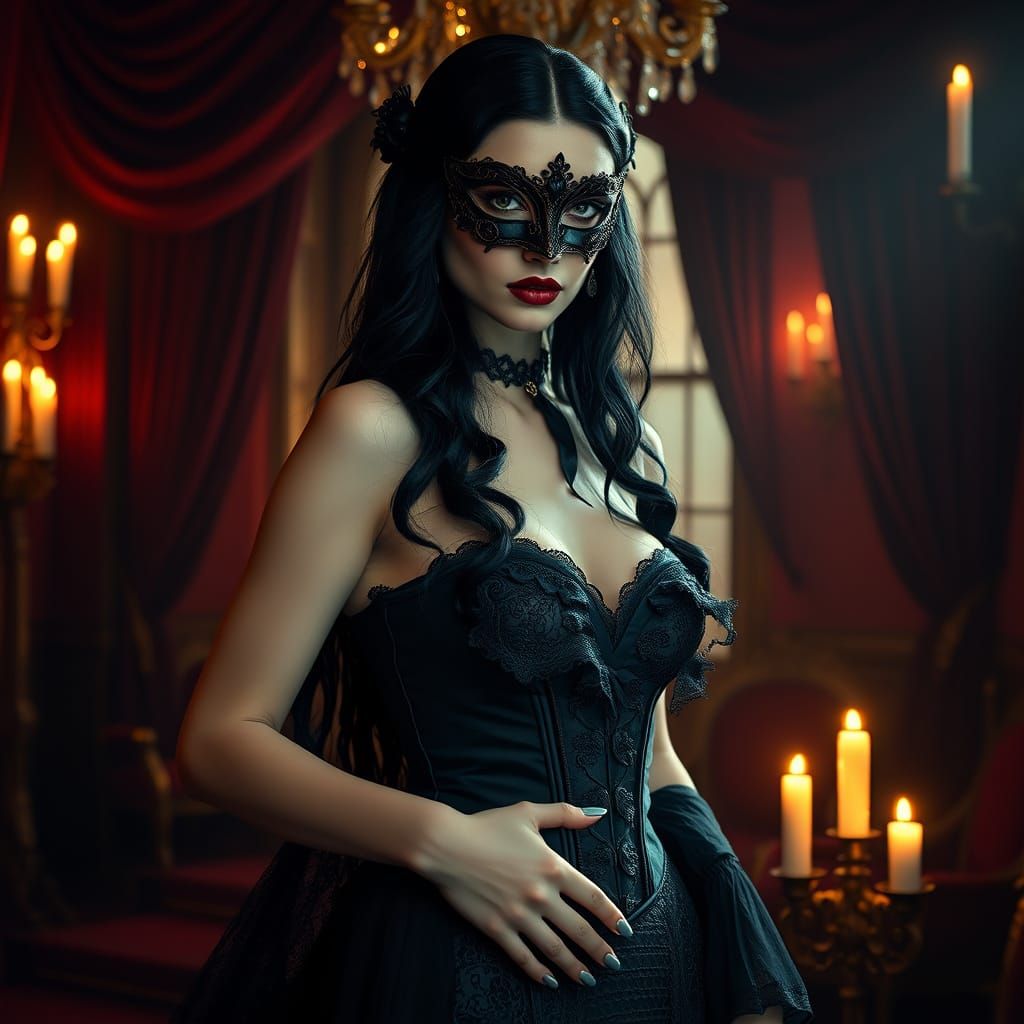 Elegant Woman in Art Deco Victorian Dress with Masquerade Ma...