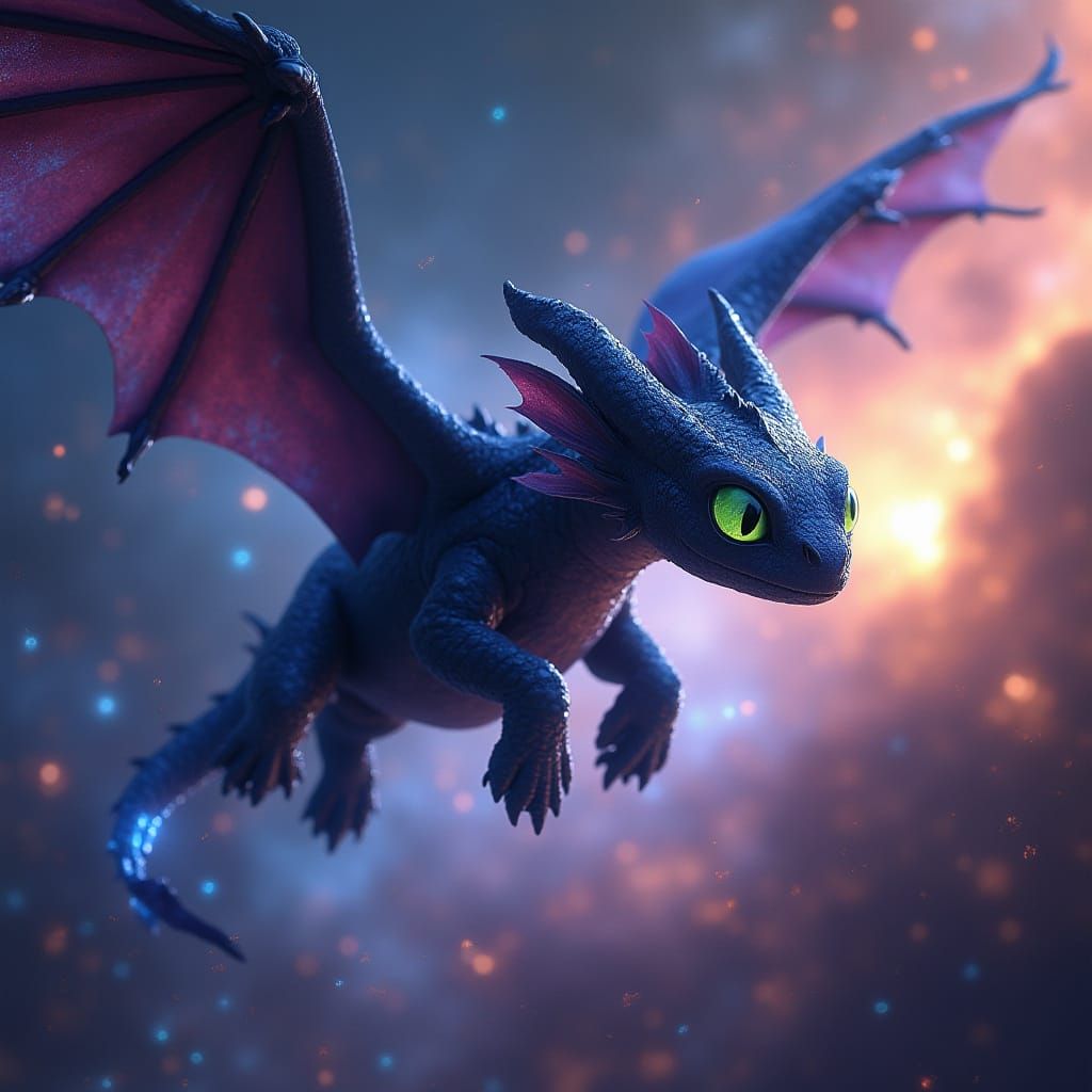 Night Fury Dragon Soaring Through Nebula in Fantasy Art