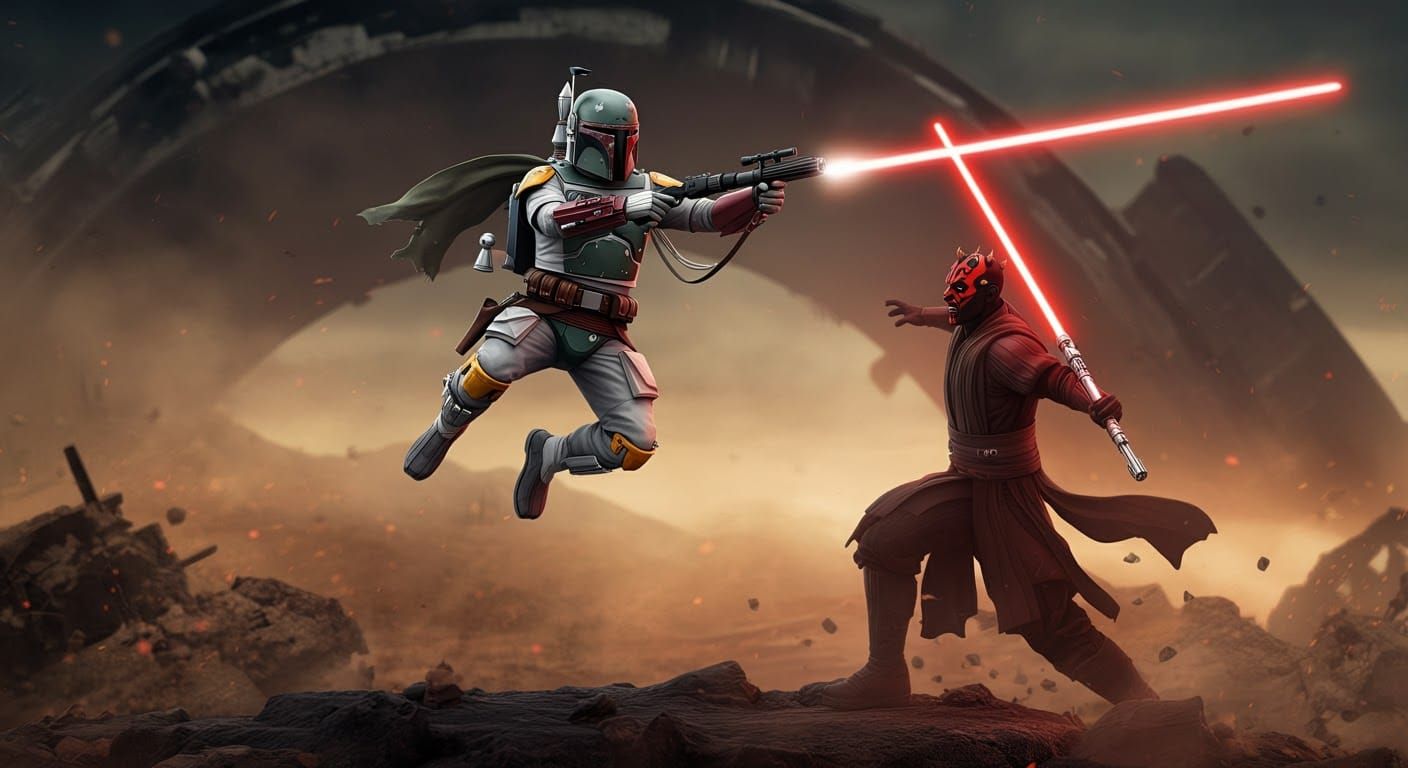 Boba Fett versus Darth Maul on a desolate Mandalorian battle...